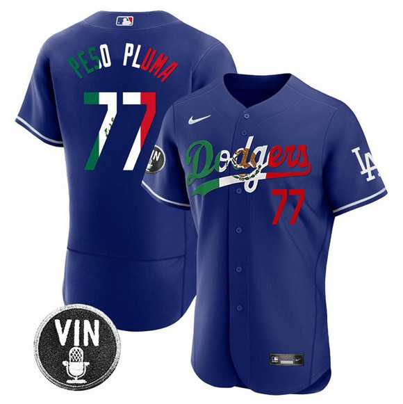 Mens Los Angeles Dodgers #77 Pezo Pluma Royal Mexico Special Vin Scully Patch Flex Base Stitched Jersey Dzhi